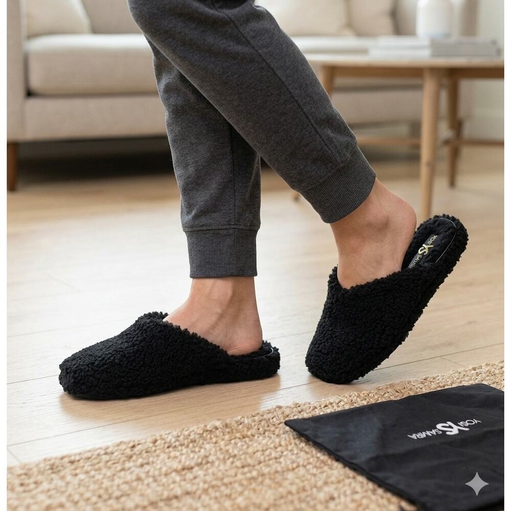 Yosi Samra Jessy Black Faux Shearling Sherpa Mules Slippers Indoor Outdoor NWT 9